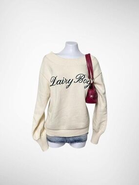 Archive Dairy Boy Southport Off-the-Shoulder Cream & Green Knit Sweater